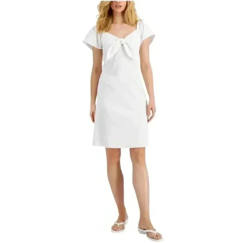 Nine West Women's White Poly/Cotton Seersucker Flutter Sleeve Lined Dress NEW